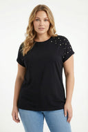 טישירט במידות גדולות שרוול קצר צווארון עגול עם חרוזים Basic שסעים בצדדים RFT-03