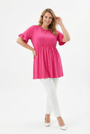 טישירט טוניקה במידות גדולות פרטי שרוולים גומי במותן עם קפלים T41