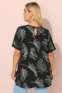 טישירט ארוכה במידות גדולות שרוול קצר צווארון עגול עם הדפס שסעים בצדדים 303780