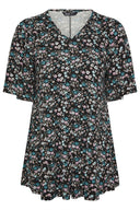 טישירט במידות גדולות ללא שרוולים צווארון V דוגמת פרחים גזרה א-סימטרית קפלים בחזית 304084