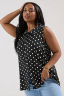 טישירט במידות גדולות ללא שרוולים צווארון פולו פרטי כפתורים דוגמת נקודות 303958