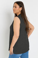 טישירט במידות גדולות ללא שרוולים צווארון פולו V דוגמת נקודות פרטי כפתורים 303957