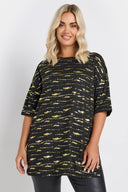 טישירט ארוכה במידות גדולות שרוול קצר צווארון עגול עם הדפס שסעים בצדדים 303664