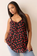 טישירט במידות גדולות צווארון V ללא שרוולים פרטי חוט דוגמת דובדבנים 322672