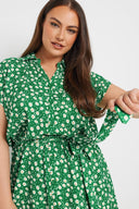 שמלה במידות גדולות צווארון פולו שרוול קצר דוגמת פרחים פרטי כפתורים קשירה במותן מיני 303328