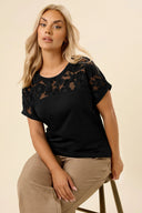 טישירט במידות גדולות צווארון עגול שרוול קצר פרטי טול דוגמת פרחים 321125