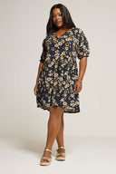 שמלה במידות גדולות מיני שרוול קצר צווארון V דוגמת פרחים 304076