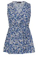 חולצה במידות גדולות עם צווארון V בלי שרוולים דוגמת פרחים חגורה סגנון מעטפת 322681