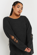 סוודר במידות גדולות שרוול ארוך צווארון עגול פרטי קרעים 303582