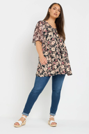 חולצה במידות גדולות שרוול טול קצר צווארון V חזית עם קפלים 321996