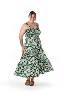 שמלה במידות גדולות גומי במותן עם כתפיות רחבות דוגמת פרחים T-82