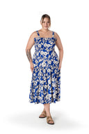 שמלה במידות גדולות גומי במותן עם כתפיות רחבות דוגמת פרחים T-80